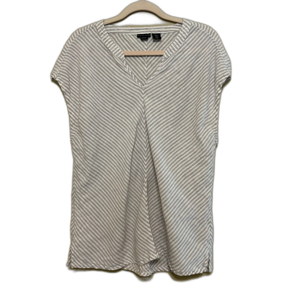 Tahari 100%  Linen Tunic Top Womens XL Striped Tan White Cap Sleeveless Coastal - Picture 1 of 6